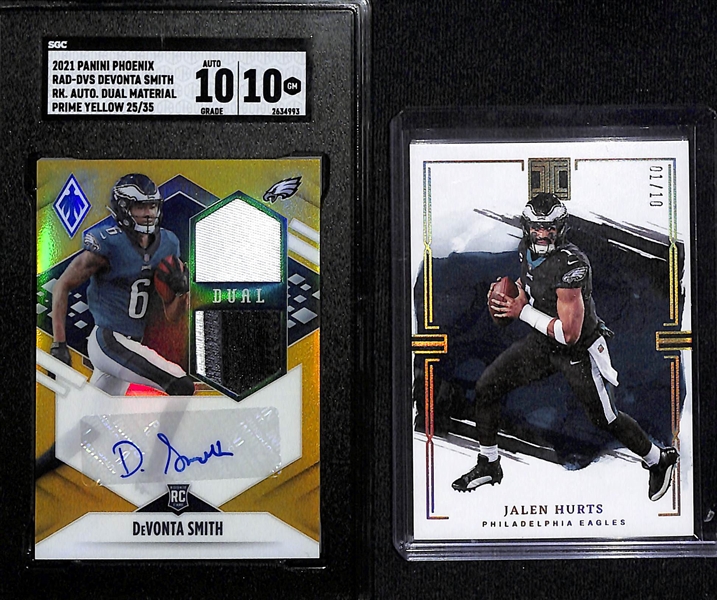 Lot of (4) Philadelphia Eagles Cards inc. 2021 Phoenix DeVonta Smith Rookie Dual Patch Autograph Yellow (SGC 10) (10 Auto) (#/35), 2023 Impeccable Jalen Hurts Gold (#/10), +