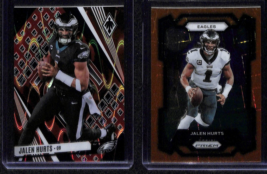 Lot of (4) Philadelphia Eagles Cards inc. 2021 Phoenix DeVonta Smith Rookie Dual Patch Autograph Yellow (SGC 10) (10 Auto) (#/35), 2023 Impeccable Jalen Hurts Gold (#/10), +