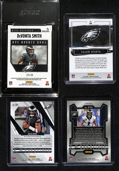 Lot of (4) Philadelphia Eagles Cards inc. 2021 Phoenix DeVonta Smith Rookie Dual Patch Autograph Yellow (SGC 10) (10 Auto) (#/35), 2023 Impeccable Jalen Hurts Gold (#/10), +