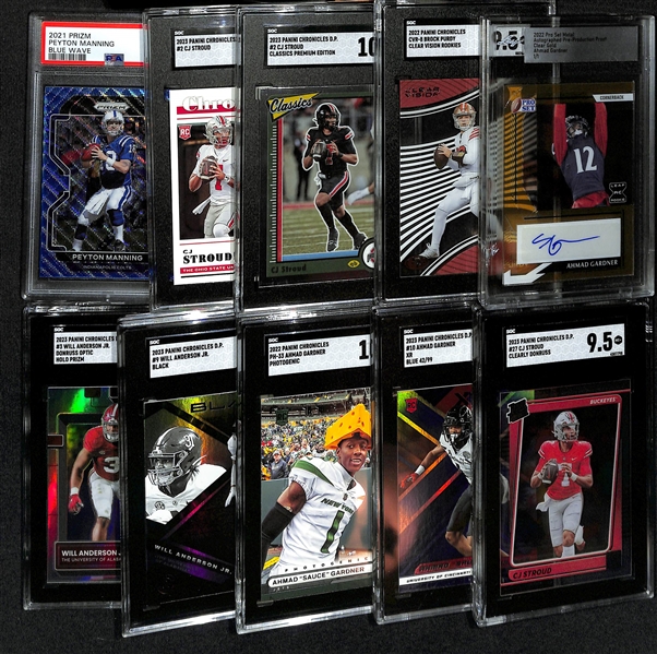 Lot of (10 Slabbed Football Cards inc. Ahmad Gardner Autograph Rookie Proof (#/1), 2022 Chronicles Brock Purdy Clear Vision Rookie (SGC 9.5), +