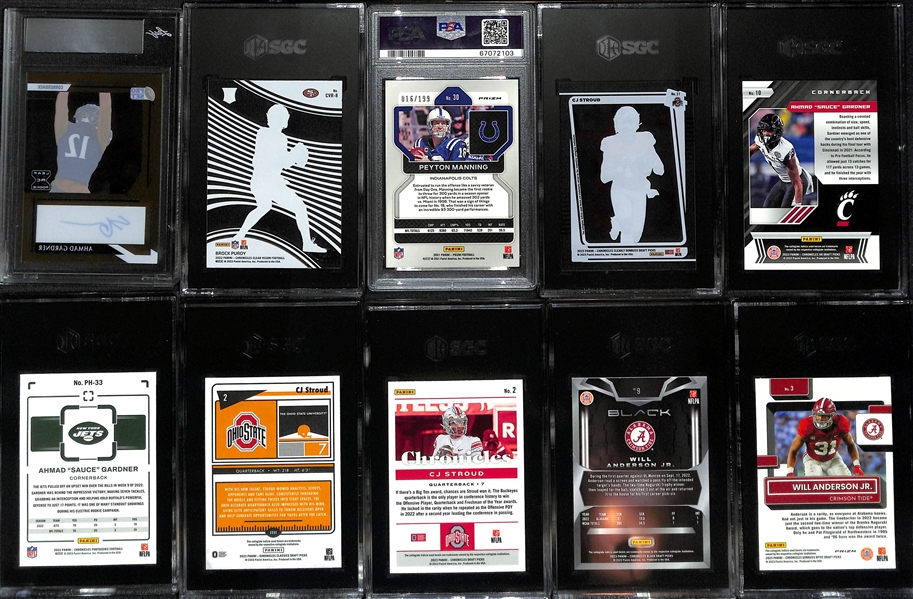 Lot of (10 Slabbed Football Cards inc. Ahmad Gardner Autograph Rookie Proof (#/1), 2022 Chronicles Brock Purdy Clear Vision Rookie (SGC 9.5), +