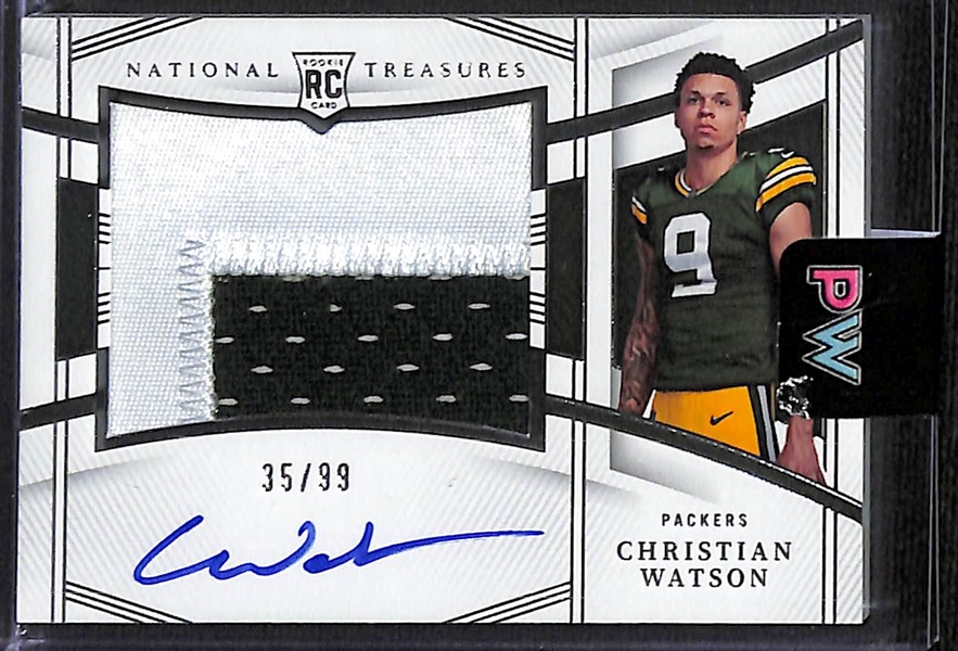 Lot of (3) Football Rookie Autograph Cards- 2022 National Treasures Christian Watson Patch (#/99), 2020 Donruss Optic Michael Pittman Jr Purple (PSA 8) (#/35), 2020 Donruss Optic Chase Young Rookie...