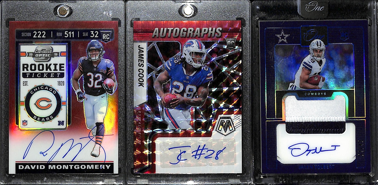 Lot of (9) Football Autograph + Jersey Cards inc. 2019 Contenders Optic David Montgomery Rookie Autograph Red (#/199), 2022 Mosaic James Cook Rookie Autograph Red, +