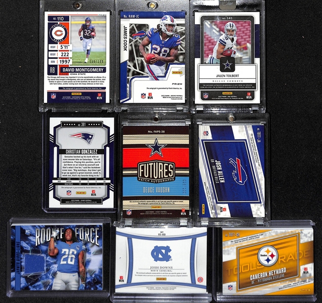 Lot of (9) Football Autograph + Jersey Cards inc. 2019 Contenders Optic David Montgomery Rookie Autograph Red (#/199), 2022 Mosaic James Cook Rookie Autograph Red, +