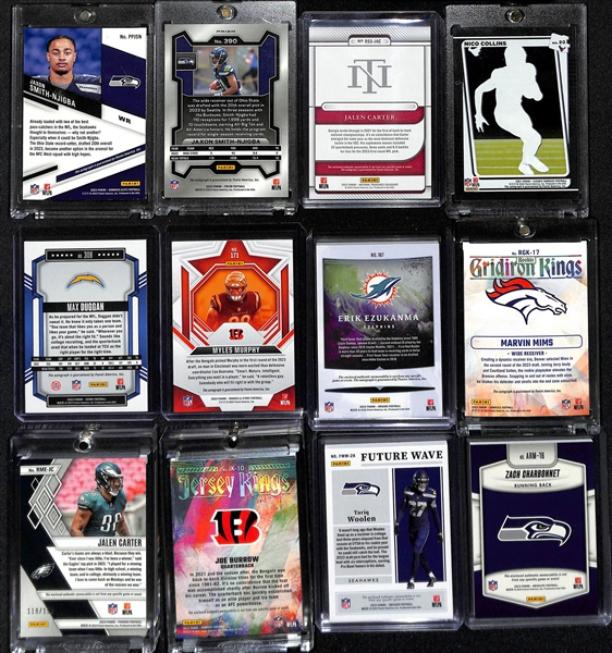 Lot of (12) Football Autograph + Jersey Cards inc. 2023 Elite Jaxon Smith-Njigba Pen Pals Rookie Autograph, 2023 Prizm Jaxon Smith-Njigba Rookie Autograph,+