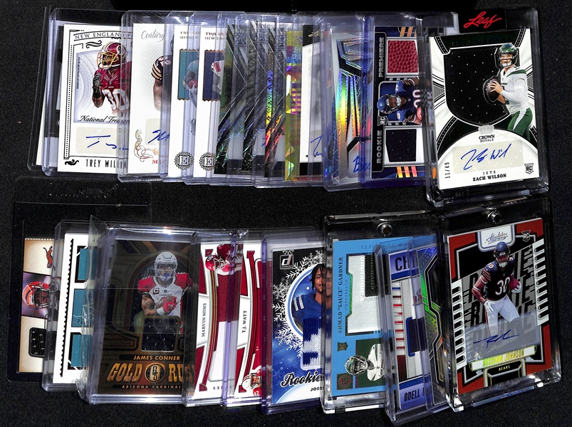 Lot of (26) Football Autograph + Jersey Cards inc. 2021 Crown Royale Zach Wilson Rookie Patch Autograph (#/49), 2023 Absolute Roschon Johnson Rookie Patch Autograph (#/399), +