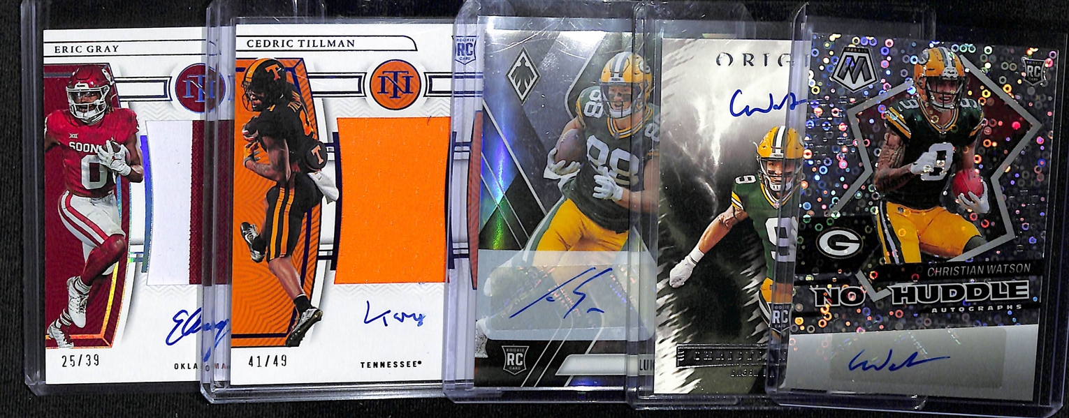 Lot of (5) Football Rookie Autographs- (2) Christian Watson, Luke Musgrove, Cedric Tillman Patch (#/49), Eric Gray Patch (#/39)