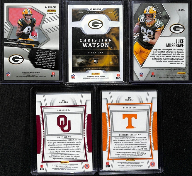 Lot of (5) Football Rookie Autographs- (2) Christian Watson, Luke Musgrove, Cedric Tillman Patch (#/49), Eric Gray Patch (#/39)