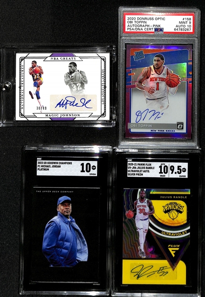 Lot of (4) Basketball Cards inc. 2020-21 National Treasures Magic Johnson Autograph (#/99), 2020 Donruss Optic Obi Toppin Rookie Autograph Pink (PSA 9) (10 Auto) (#/25)