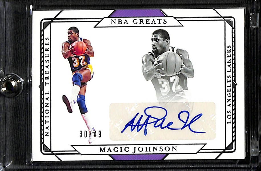 Lot of (4) Basketball Cards inc. 2020-21 National Treasures Magic Johnson Autograph (#/99), 2020 Donruss Optic Obi Toppin Rookie Autograph Pink (PSA 9) (10 Auto) (#/25)