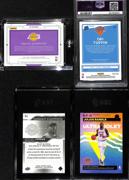 Lot of (4) Basketball Cards inc. 2020-21 National Treasures Magic Johnson Autograph (#/99), 2020 Donruss Optic Obi Toppin Rookie Autograph Pink (PSA 9) (10 Auto) (#/25)