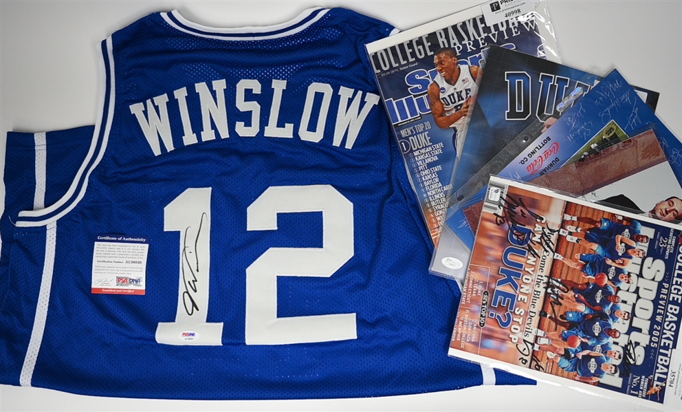 (6) Duke Blue Devils Autographed Items - (3) Coach Mike Kryzewski Signed Photos, Justice Winslow Signed Jersey, & (2) Sports Illustrated Magazine (JSA Auction Letter)