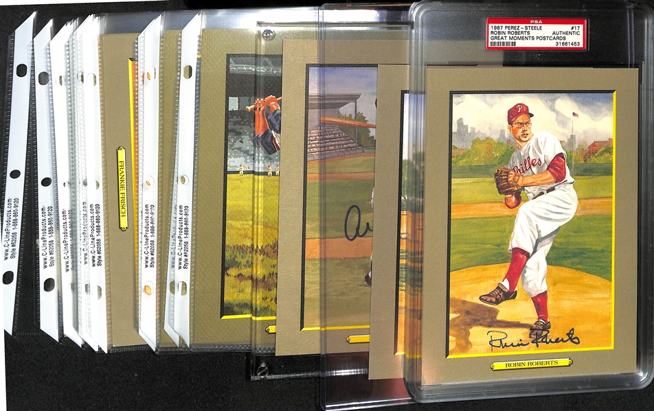 Lot of 23 Perez-Steele Great Moments HOF Cabinet Cards from 1987 (3 Autographed - Robin Roberts, Ray Dandridge, Al Kaline) w. JSA Auction Letter