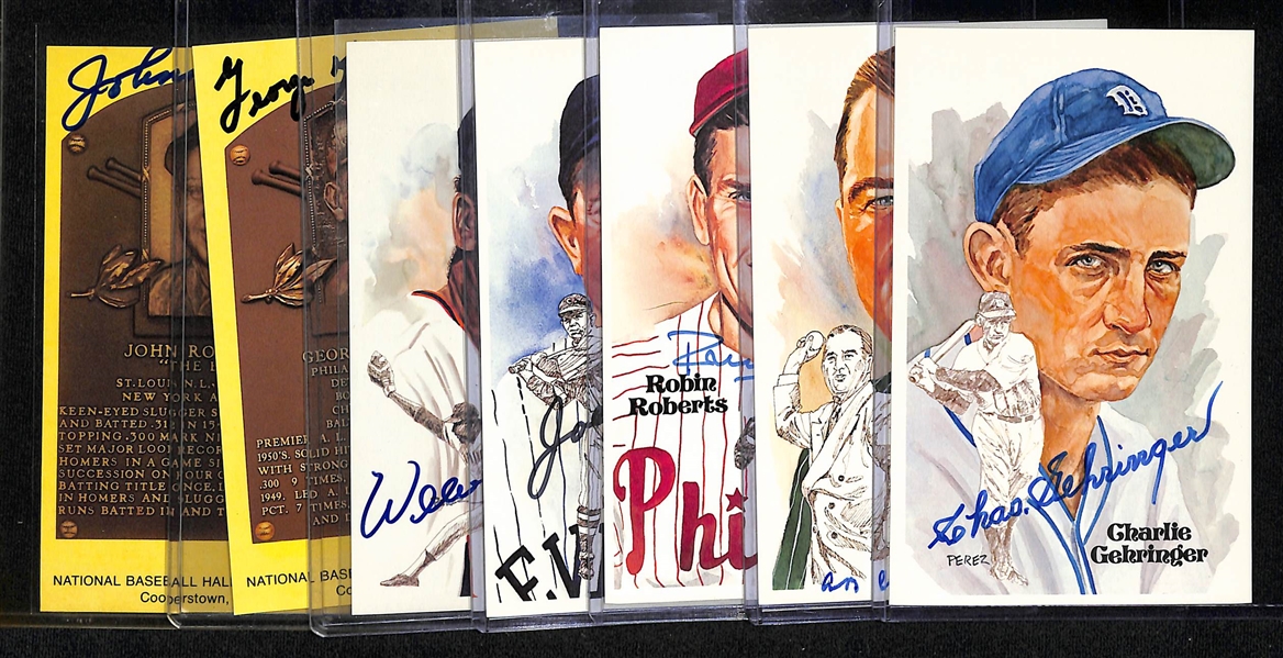 (5) Signed Perez-Steele HOF Postcards & (2) Signed HOF Plaque Cards w. Gehringer, Chandler, Roberts, Sewell, McCovey, Kell, Mize (JSA Auction Letter)