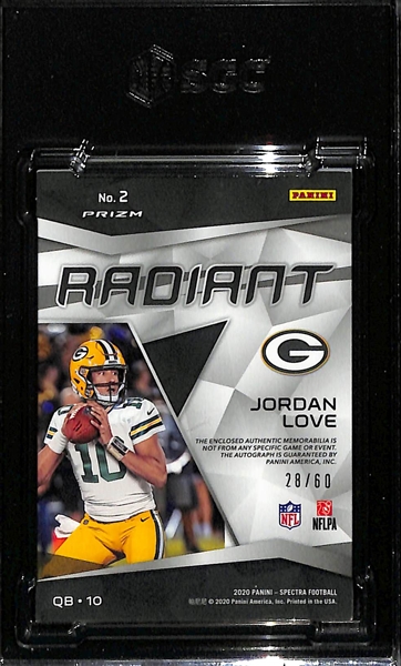 2020 Panini Spectra Jordan Love Radiant Rookie Patch Autograph #ed 28/60 (2-Color Jumbo Patch) SGC 8.5 (10 Auto Grade)