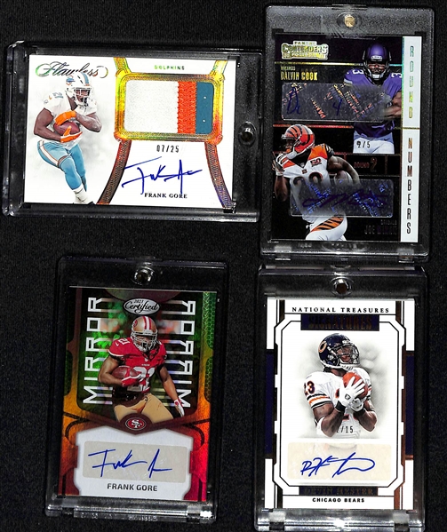 Autograph Lot - Flawless Frank Gore Patch Auto (#7/25) , Dalvin Cook/Joe Mixon Dual Auto (#2/5), Certified Frank Gore Mirror Image Auto (#37/75), & National Treasures Devin Hester Auto (#2/15)