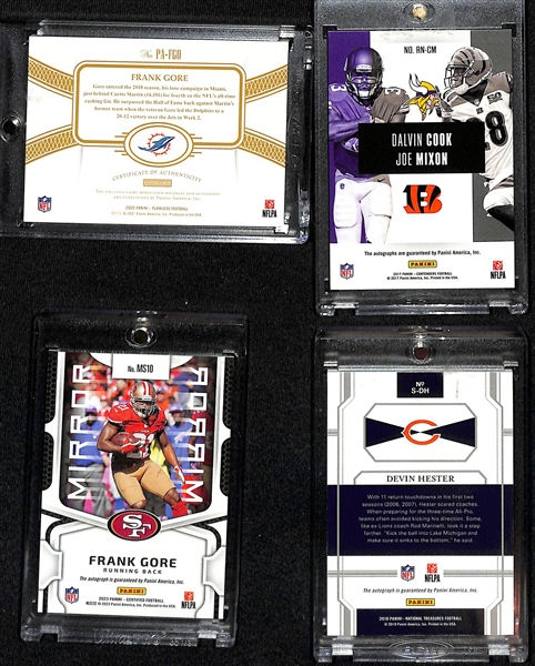 Autograph Lot - Flawless Frank Gore Patch Auto (#7/25) , Dalvin Cook/Joe Mixon Dual Auto (#2/5), Certified Frank Gore Mirror Image Auto (#37/75), & National Treasures Devin Hester Auto (#2/15)