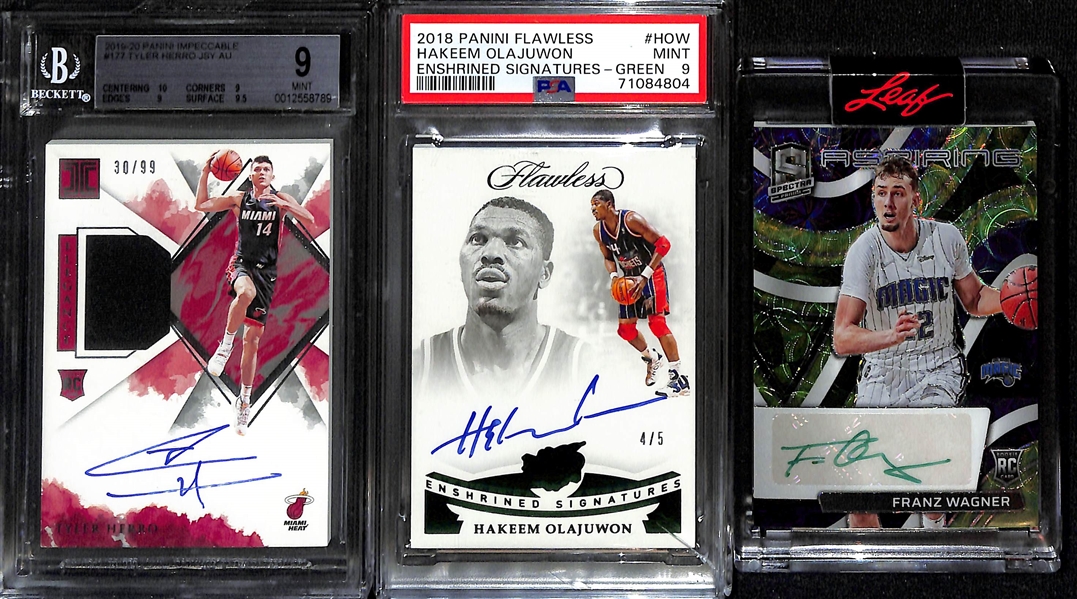 Basketball Card Autograph Lot - 2019 Impeccable Tyler Herro Rookie Patch Auto (#/99) BGS 9, 2018 Flawless Hakeen Olajuwon Auto (#4/5), &2021 Spectra Franz Wagner (#/50)