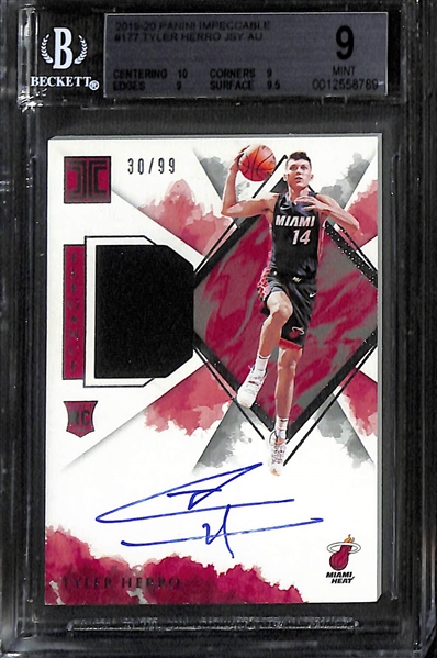 Basketball Card Autograph Lot - 2019 Impeccable Tyler Herro Rookie Patch Auto (#/99) BGS 9, 2018 Flawless Hakeen Olajuwon Auto (#4/5), &2021 Spectra Franz Wagner (#/50)