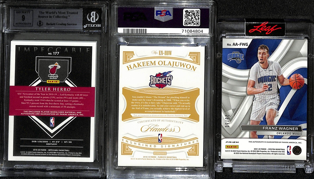 Basketball Card Autograph Lot - 2019 Impeccable Tyler Herro Rookie Patch Auto (#/99) BGS 9, 2018 Flawless Hakeen Olajuwon Auto (#4/5), &2021 Spectra Franz Wagner (#/50)