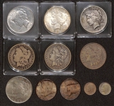  Lot of (3) Morgan Silver Dollars, (4) Peace Dollars, (2) 1964 Kennedy Halves, & (2) Roosevelt Silver Dimes