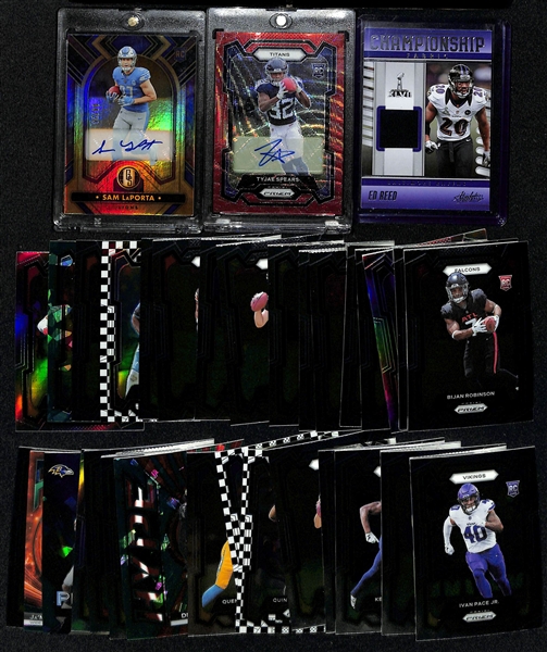 Lot of (30+) 2023 Football Cards inc. Gold Standard Sam LaPorta Autograph Rookie Purple (#/24), Prizm Tyjae Spears Rookie Autograph Red Wave (#/149),+