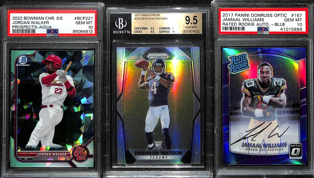 Lot of (3) Graded Rookie Sports Cards- 2022 Bowman Chrome Sapphire Jordan Walker Aqua (PSA 10) (#/99), 2017 Prizm Deshaun Watson (BGS 9.5), 2017 Optic Jamaal Williams Autograph Blue (PSA 10) (#/50)