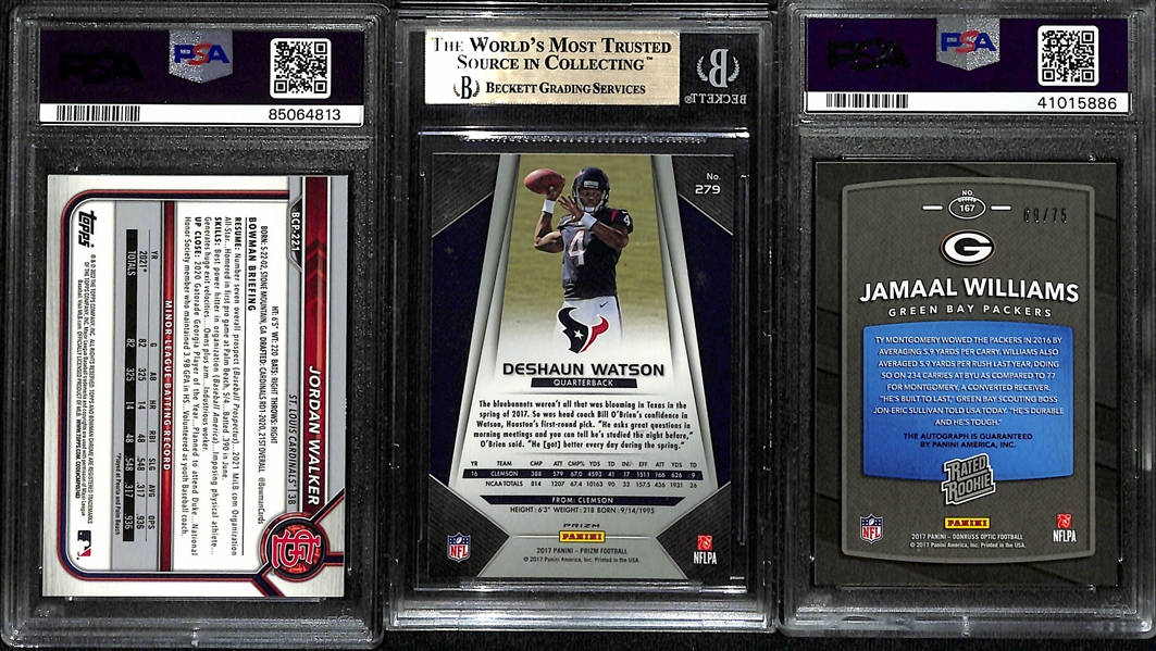 Lot of (3) Graded Rookie Sports Cards- 2022 Bowman Chrome Sapphire Jordan Walker Aqua (PSA 10) (#/99), 2017 Prizm Deshaun Watson (BGS 9.5), 2017 Optic Jamaal Williams Autograph Blue (PSA 10) (#/50)