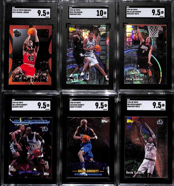 Lot of (6) SGC Graded Late 1990s Basketball Cards inc. 1994-95 Topps Embossed Michael Jordan (SGC 9.5), 1999-00 Topps Tim Duncan Highlight Reel (SGC 10), +