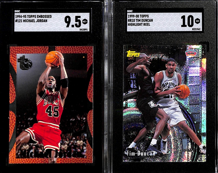 Lot of (6) SGC Graded Late 1990s Basketball Cards inc. 1994-95 Topps Embossed Michael Jordan (SGC 9.5), 1999-00 Topps Tim Duncan Highlight Reel (SGC 10), +