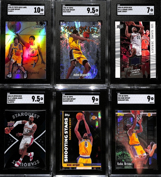 Lot of (6) SGC Graded Kobe Bryant + LeBron James Cards inc. 1998-99 Topps Gold Label Kobe Bryant Class 1 (SGC 10), 1998-99 Topps Kobe Bryant Kick Start (SGC 9.5), +