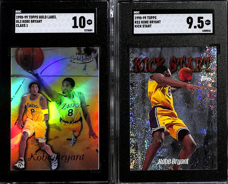 Lot of (6) SGC Graded Kobe Bryant + LeBron James Cards inc. 1998-99 Topps Gold Label Kobe Bryant Class 1 (SGC 10), 1998-99 Topps Kobe Bryant Kick Start (SGC 9.5), +