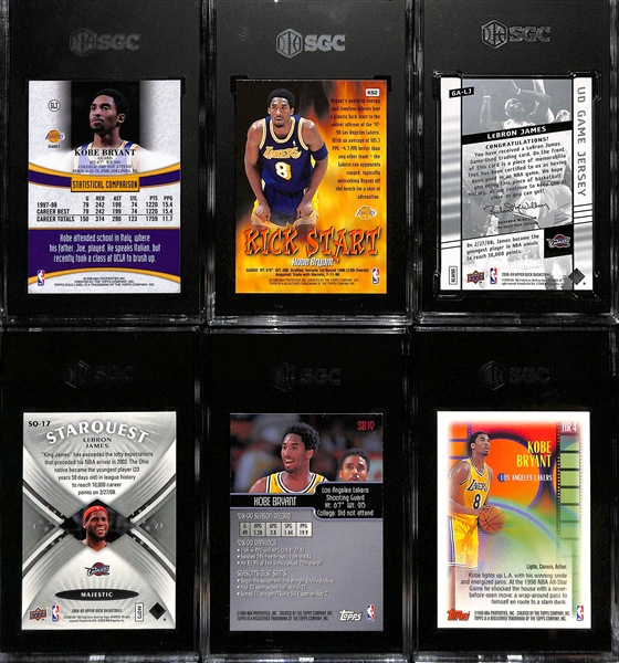 Lot of (6) SGC Graded Kobe Bryant + LeBron James Cards inc. 1998-99 Topps Gold Label Kobe Bryant Class 1 (SGC 10), 1998-99 Topps Kobe Bryant Kick Start (SGC 9.5), +