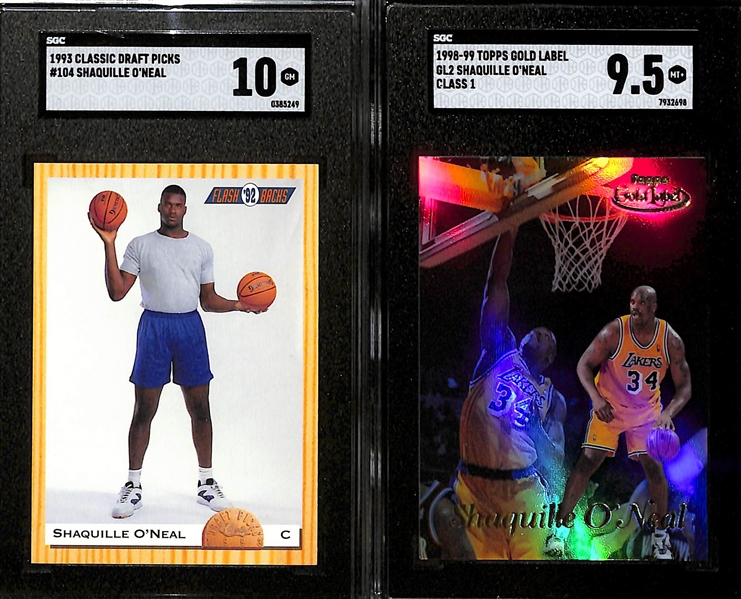 Lot of (5) SGC Graded Shaquille O'Neal Cards inc. 1993-94 Upper Deck (SGC 10), 1993 Classic Draft Picks Rookie (SGC 10), 1998-99 Gold Label Class 1 (SGC 9.5), +