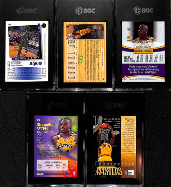 Lot of (5) SGC Graded Shaquille O'Neal Cards inc. 1993-94 Upper Deck (SGC 10), 1993 Classic Draft Picks Rookie (SGC 10), 1998-99 Gold Label Class 1 (SGC 9.5), +