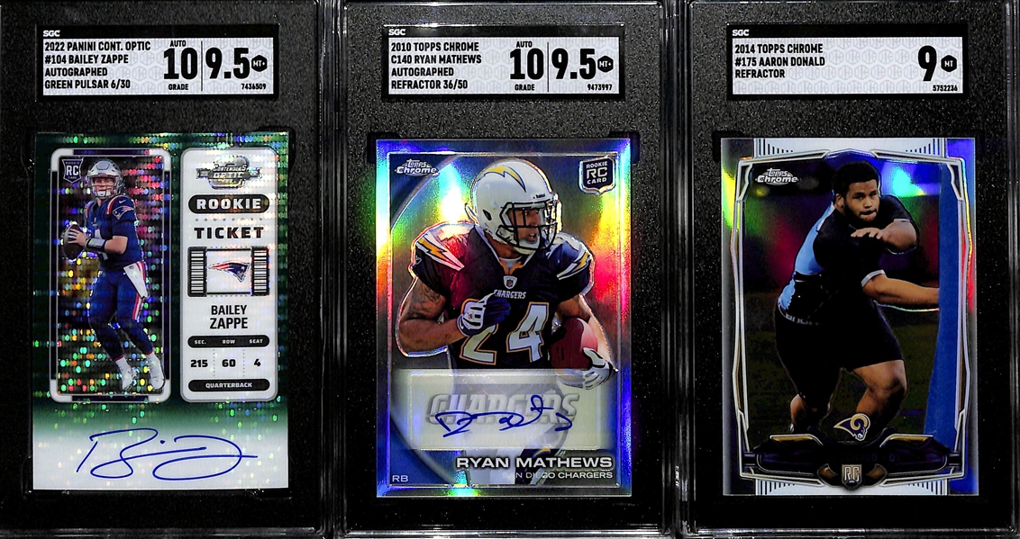 Lot of (3) SGC Graded Football Rookies- 2022 Contenders Optic Bailey Zappe Autograph Green Pulsar (SGC 9.5) (10 Auto) (#/30), 2010 Topps Chrome Ryan Matthews Autograph (SGC 9.5) (10 Auto) (#/50),...