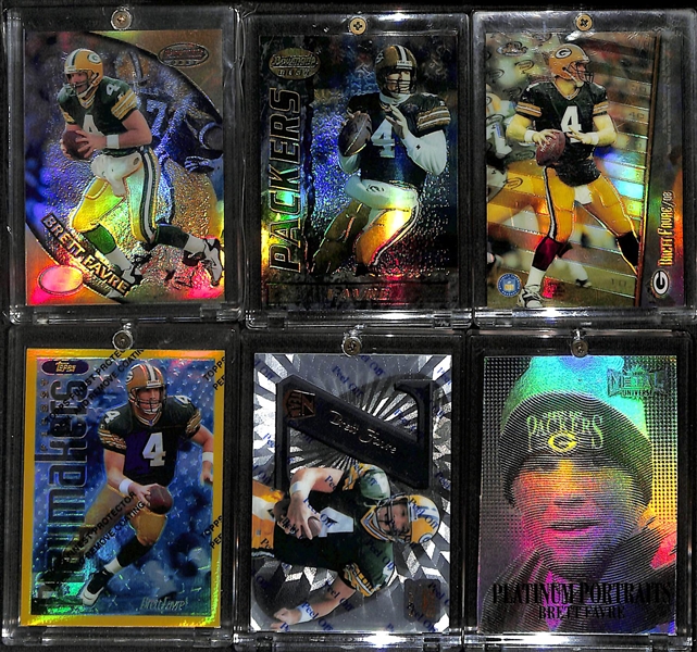 Lot of (51) Brett Favre Cards with Inserts + Refractors inc. 1997 Bowmans Best Refractor, 1995 Bowmans Best Refractor, 1998 Topps Finest Refractor, 1996 Finest Playmakers Refractors, +