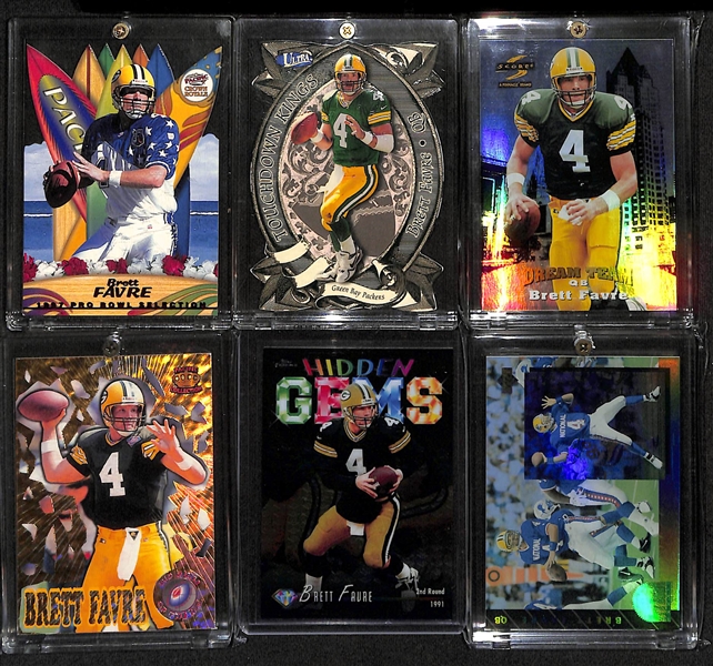 Lot of (51) Brett Favre Cards with Inserts + Refractors inc. 1997 Bowmans Best Refractor, 1995 Bowmans Best Refractor, 1998 Topps Finest Refractor, 1996 Finest Playmakers Refractors, +