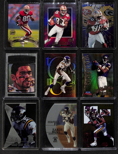 Lot of (75) Jerry Rice + Randy Moss Cards inc. 1998 Edge Masters Rice Gold (#/150), 2000 Skybox Molten Metal Moss Gridiron Gods, 1997 Topps Rice High Octane, +