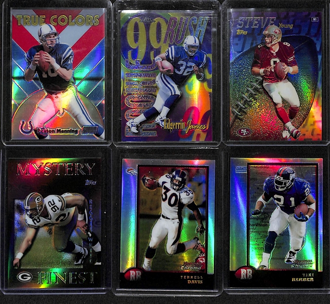 Lot of (36) 1990-2000 Football Refractor Cards- 1999 Stadium Club Chrome Peyton Manning True Colors, 1999 Topps Chrome Edgerrin James Rookie Rush, 1998 Topps Mystery Steve Young, +