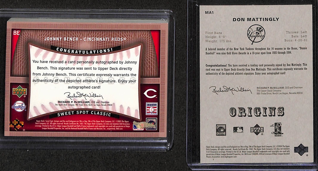 Lot of (2) Baseball Hall of Fame Autographs- 2005 Sweet Spot Johnny Bench, 2005 UD Origins Don Mattingly