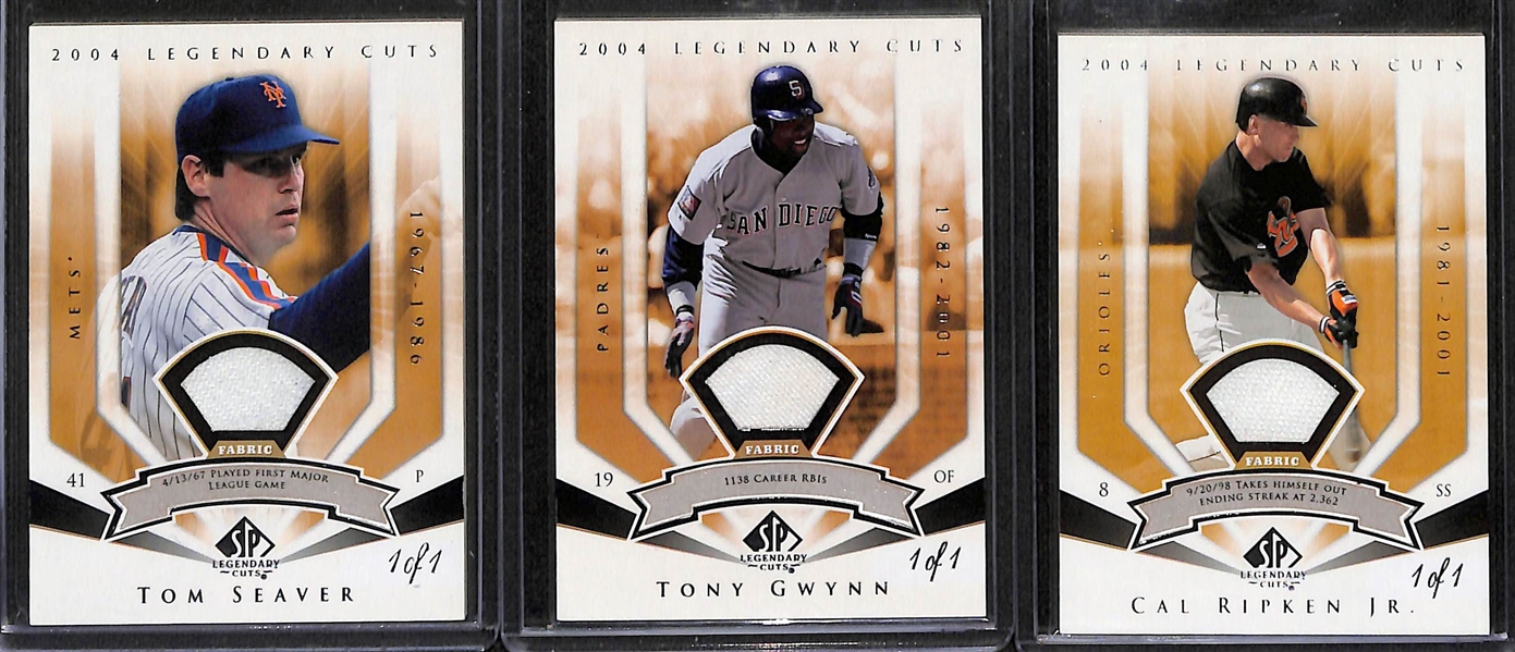 Lot of (3) 2004 SP Legendary Cuts Baseball 1/1 Jersey Patch Cards- Tom Seaver, Tony Gwynn, Cal Ripken Jr