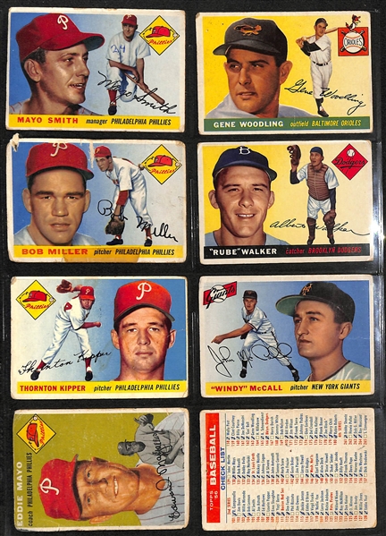 Lot of (50) 1955 & 1956 Bowman & Topps Baseball Cards w. a lot of (10) 1961 Fleer Cards w. a 1955 Bowman Umpire Babe Pinelli