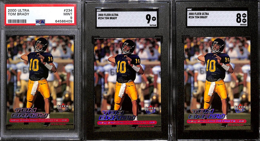 Lot of (3) 2000 Fleer Ultra Tom Brady #234 Rookie Cards - PSA 9, SGC 9 & 8