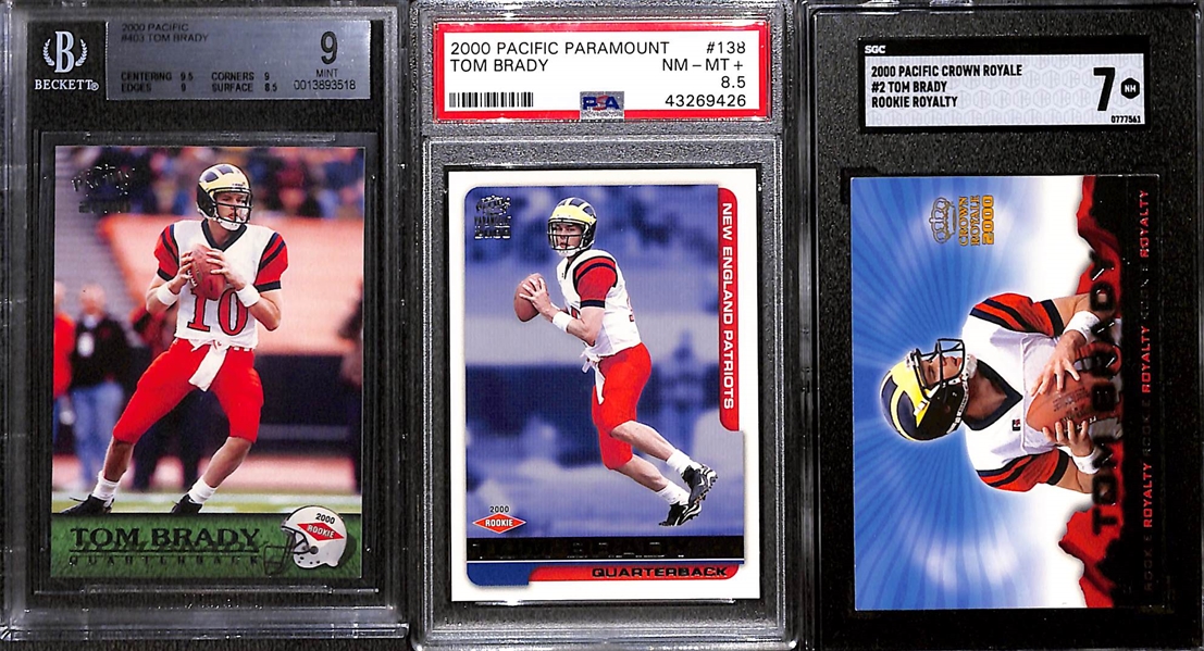 Lot of (3) 2000 Tom Brady Rookie Cards - 2000 Pacific #403 BGS 9, Pacific Paramount #138 PSA 8.5, & Pacific Crown Royale #2 SGC 7