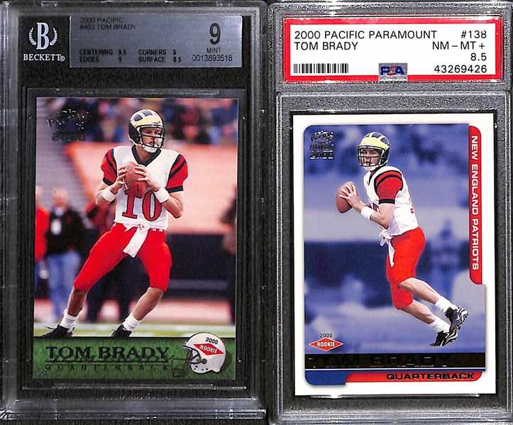 Lot of (3) 2000 Tom Brady Rookie Cards - 2000 Pacific #403 BGS 9, Pacific Paramount #138 PSA 8.5, & Pacific Crown Royale #2 SGC 7