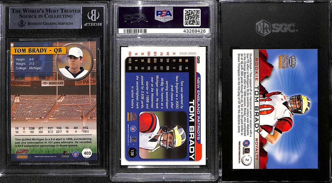 Lot of (3) 2000 Tom Brady Rookie Cards - 2000 Pacific #403 BGS 9, Pacific Paramount #138 PSA 8.5, & Pacific Crown Royale #2 SGC 7