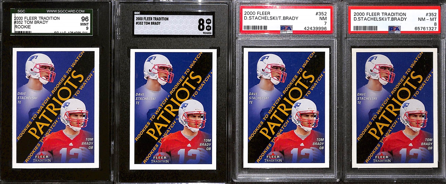 Lot of (4) 2000 Fleer Tradition Tom Brady #352 Rookie Cards - SGC 9, 8 & PSA 8, 7