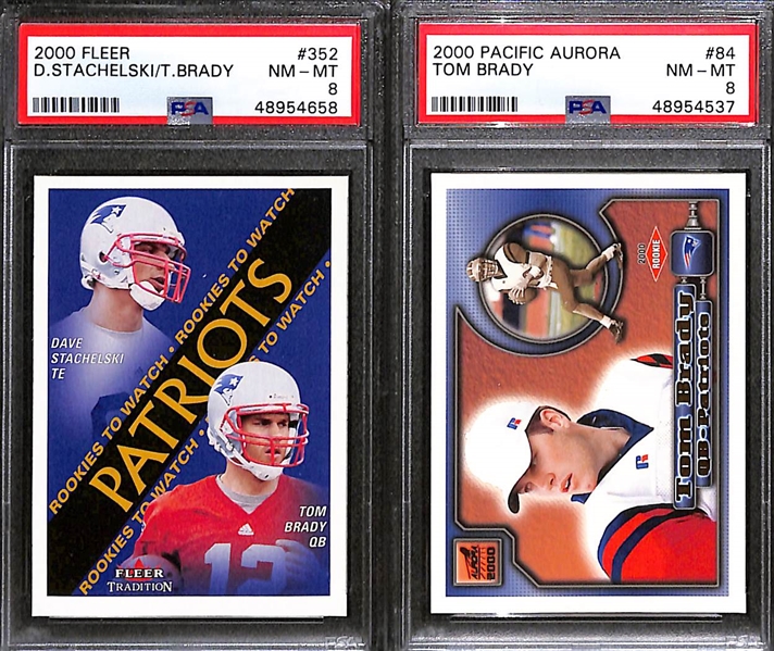 Lot of (3) 2000 Tom Brady Rookie Cards - Fleer PSA 8/Pacific Aurora PSA 8/Skybox Impact SGC 8