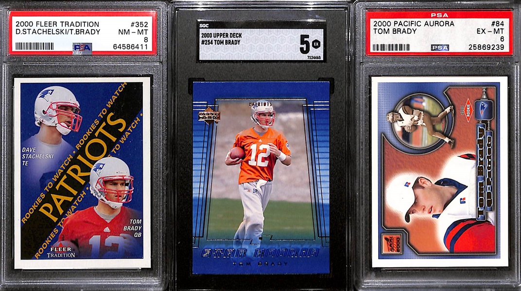 Lot of (3) 2000 Tom Brady Rookie Cards - Fleer Tradition PSA 8/Upper Deck SGC 5/Pacific Aurora PSA 6